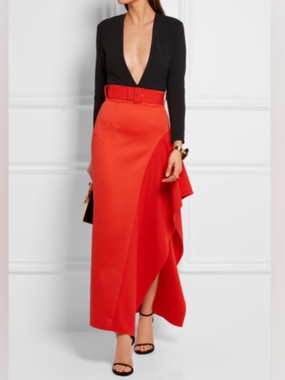 Solace London Kaya Satin Asymmetric Belted charmeuse Maxi Skirt Size US 2